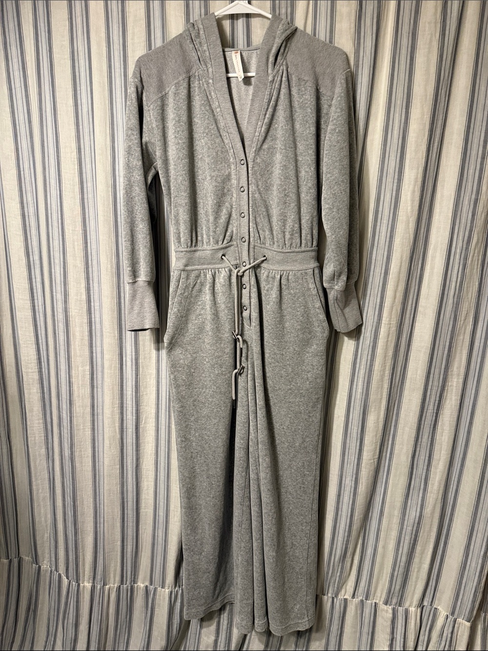 Women's velour Gray Hooded Button-Front Jumpsuit with Waist Tie
